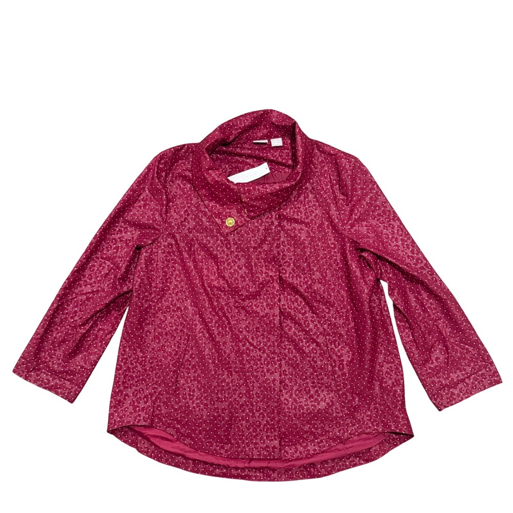 Chicos Zenergy Burgundy Embossed Print Dot Fold Collar Jacket Womens sz 2 US L